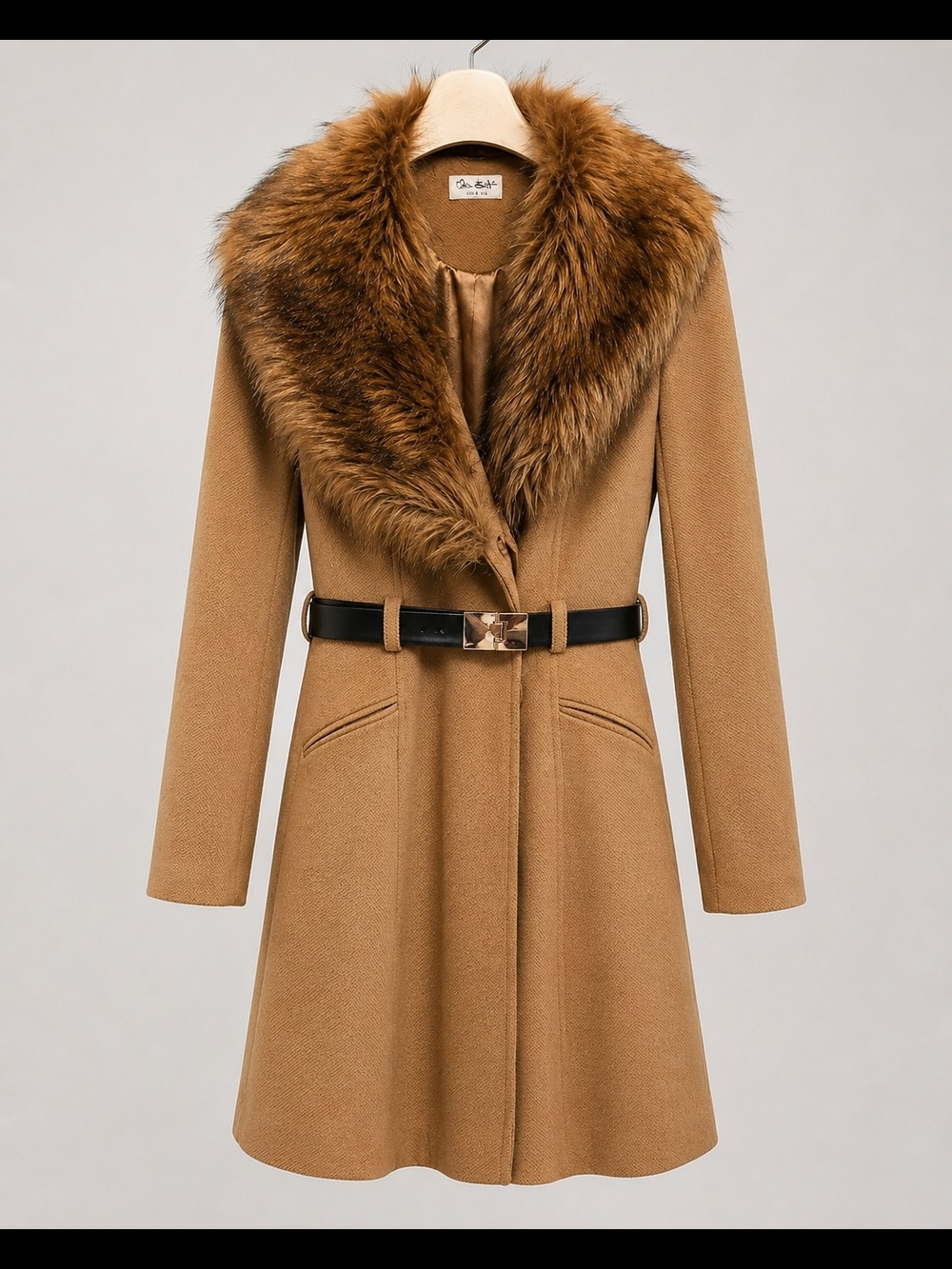 Miss Selfridge Camel Coat with Faux Fur Trim and Black Belt